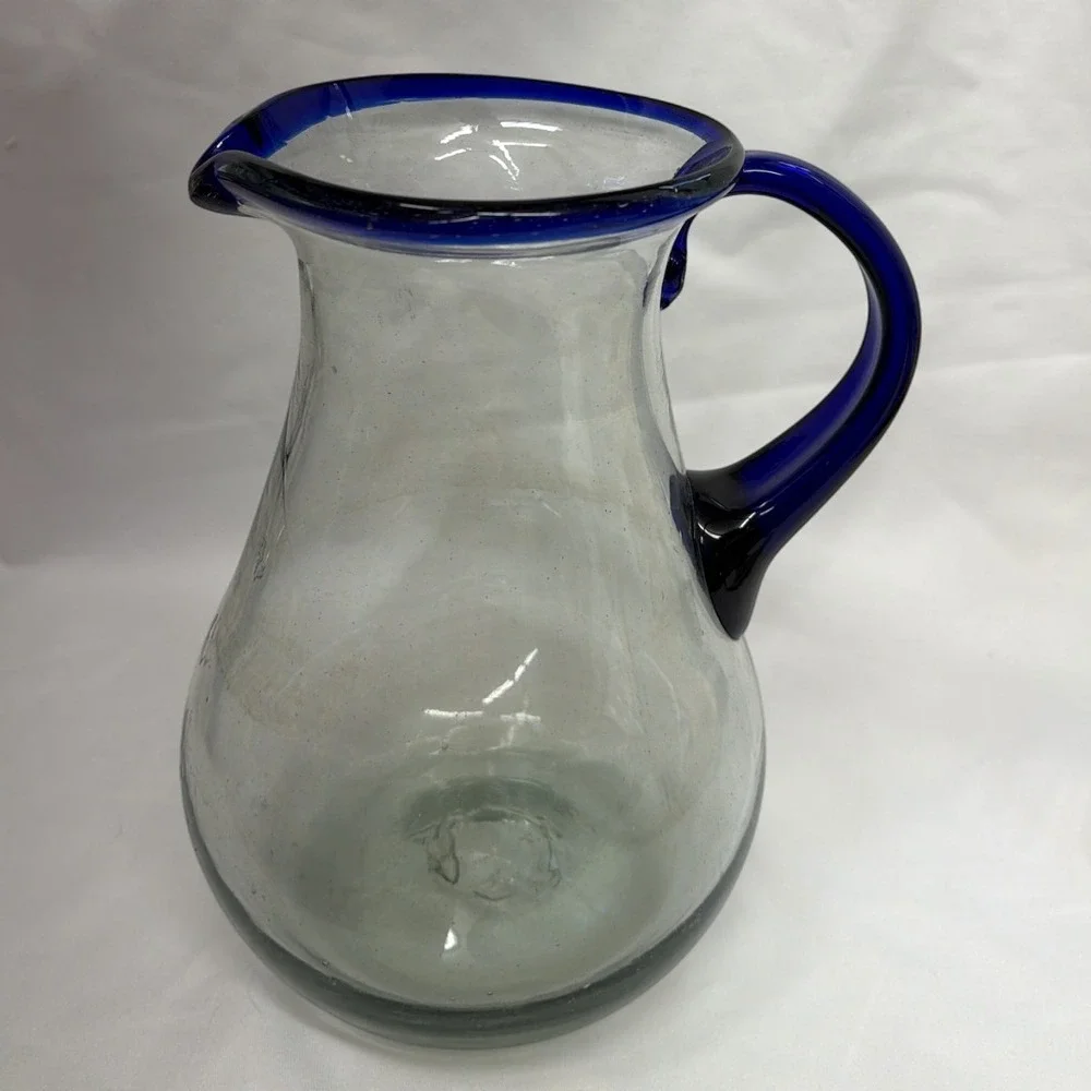Cobalt Blue Rim & Handle Glass Pitcher – Juice, Margaritas, Water, Lemonade